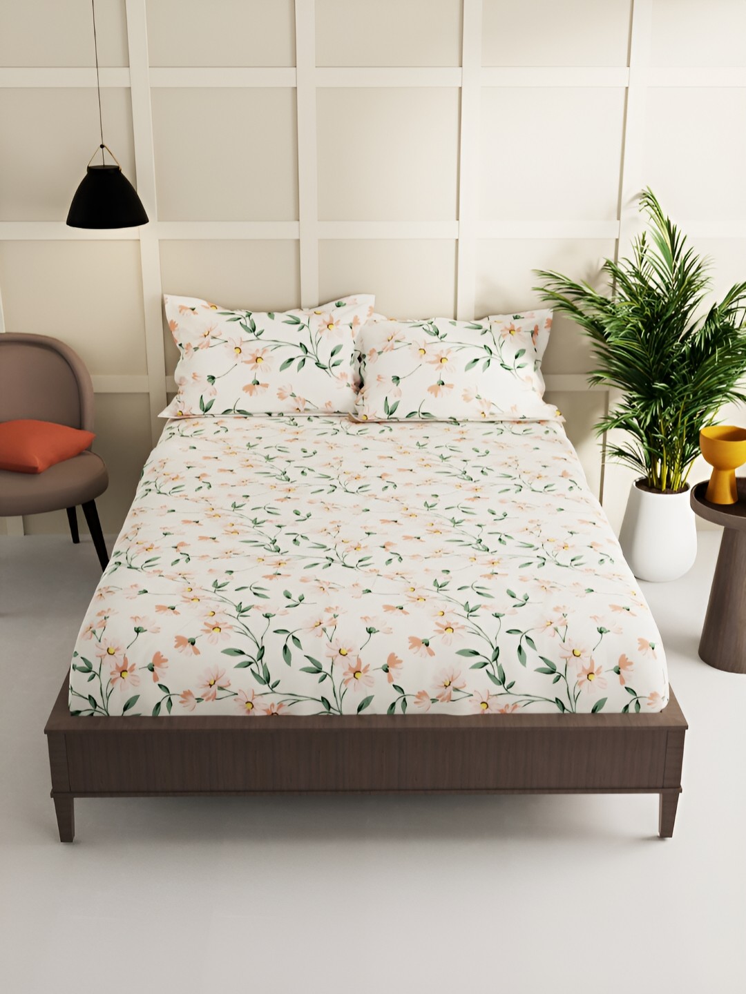 

BIANCA Cream-Coloured & Green Floral 152 TC Queen Bedsheet with 2 Pillow Covers