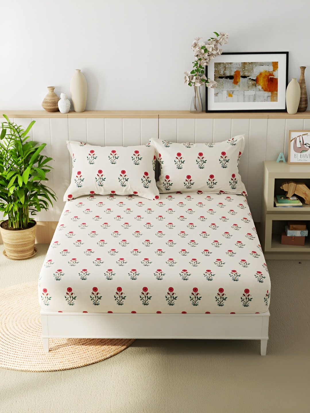 

BIANCA Off White & Pink Floral 152 TC Queen Bedsheet with 2 Pillow Covers