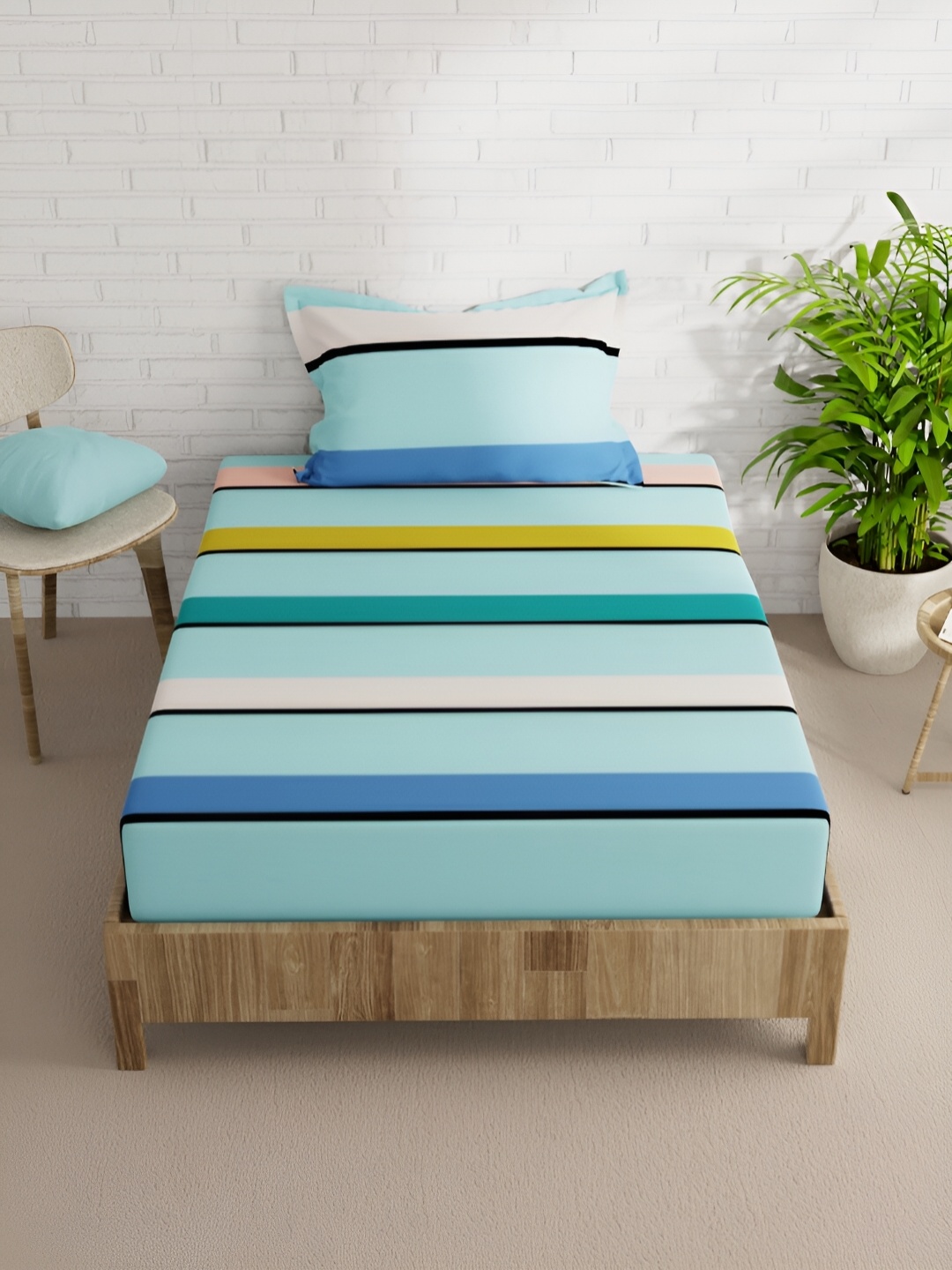 

BIANCA Green & Blue Striped 152 TC Single Bedsheet with 1 Pillow Covers
