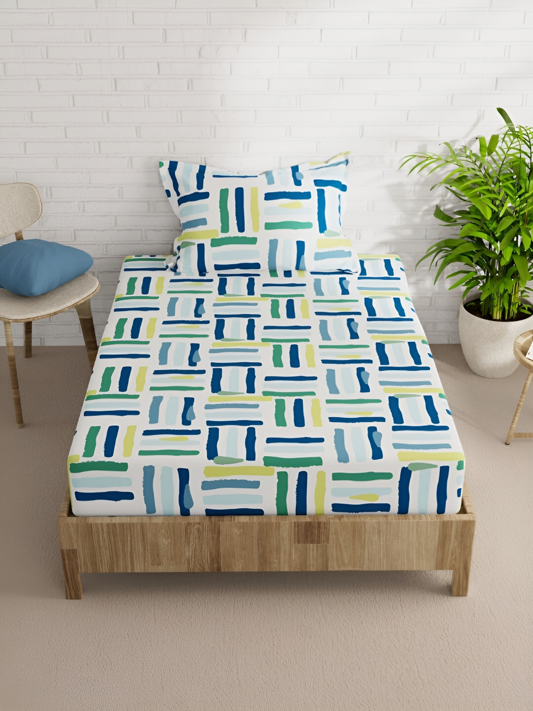 

BIANCA White & Navy Blue Striped 152 TC Single Bedsheet with 1 Pillow Covers