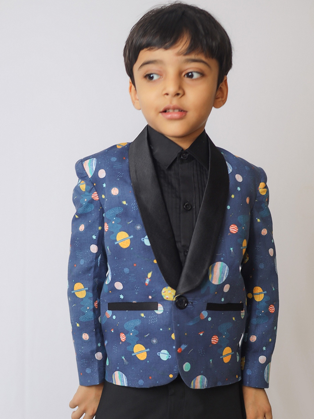 

BAESD Boys Printed Single Breasted Blazer, Navy blue