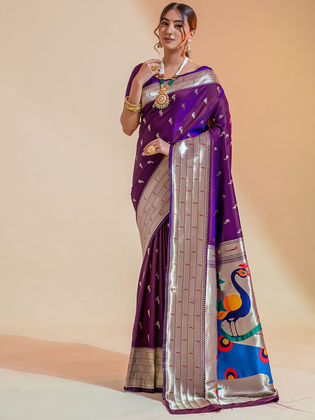 

Mitera Woven Design Zari Silk Blend Paithani Saree, Purple