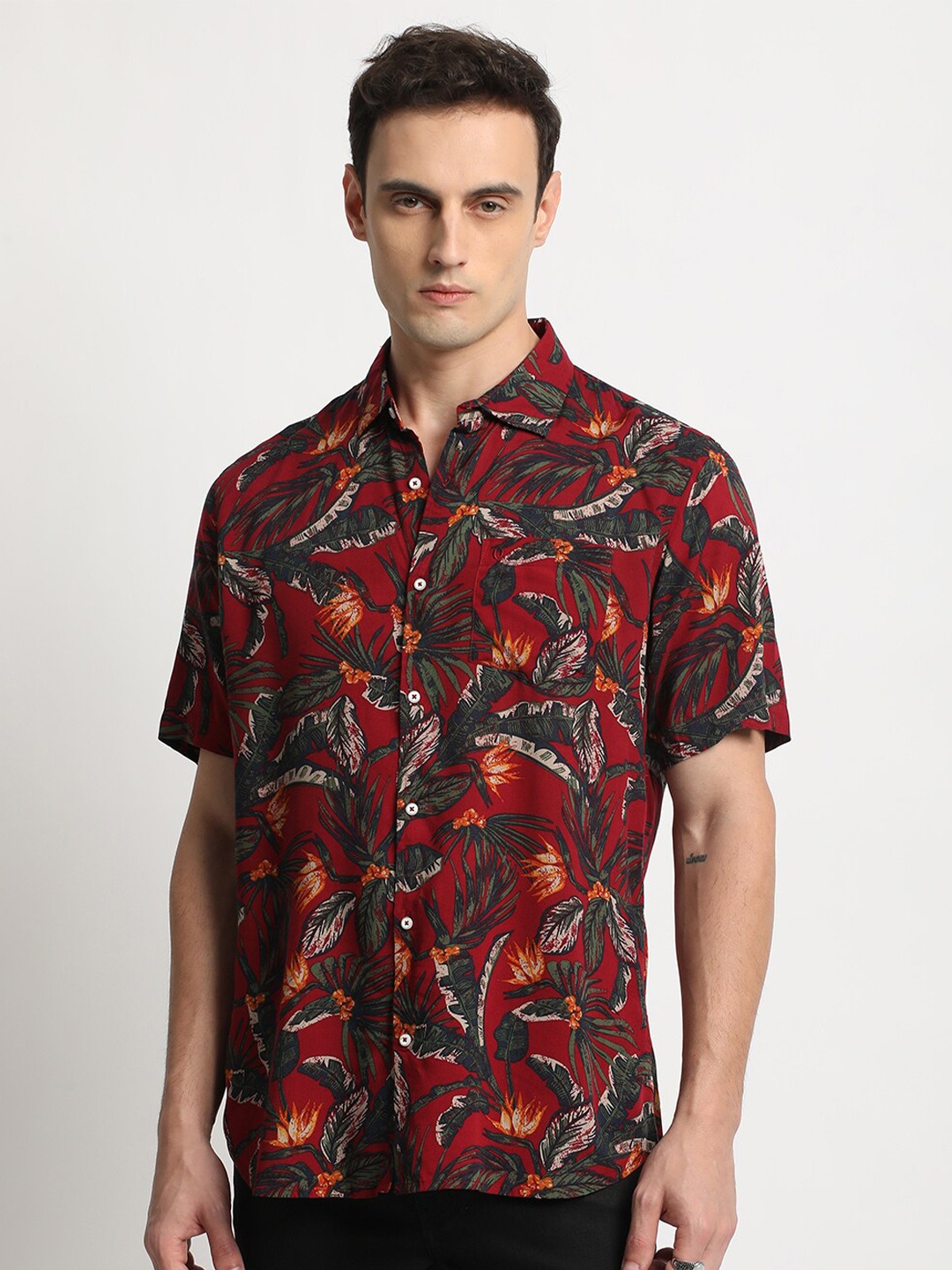 

URBARO Smart Floral Printed Opaque Casual Shirt, Maroon