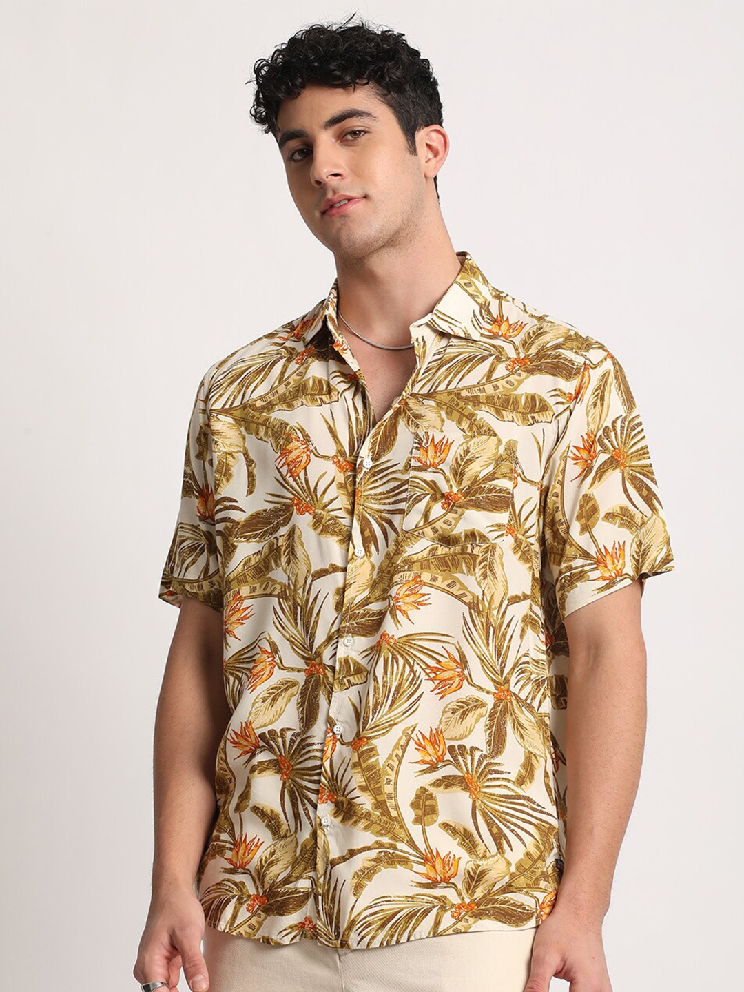 

URBARO Smart Tropical Printed Opaque Casual Shirt, Brown