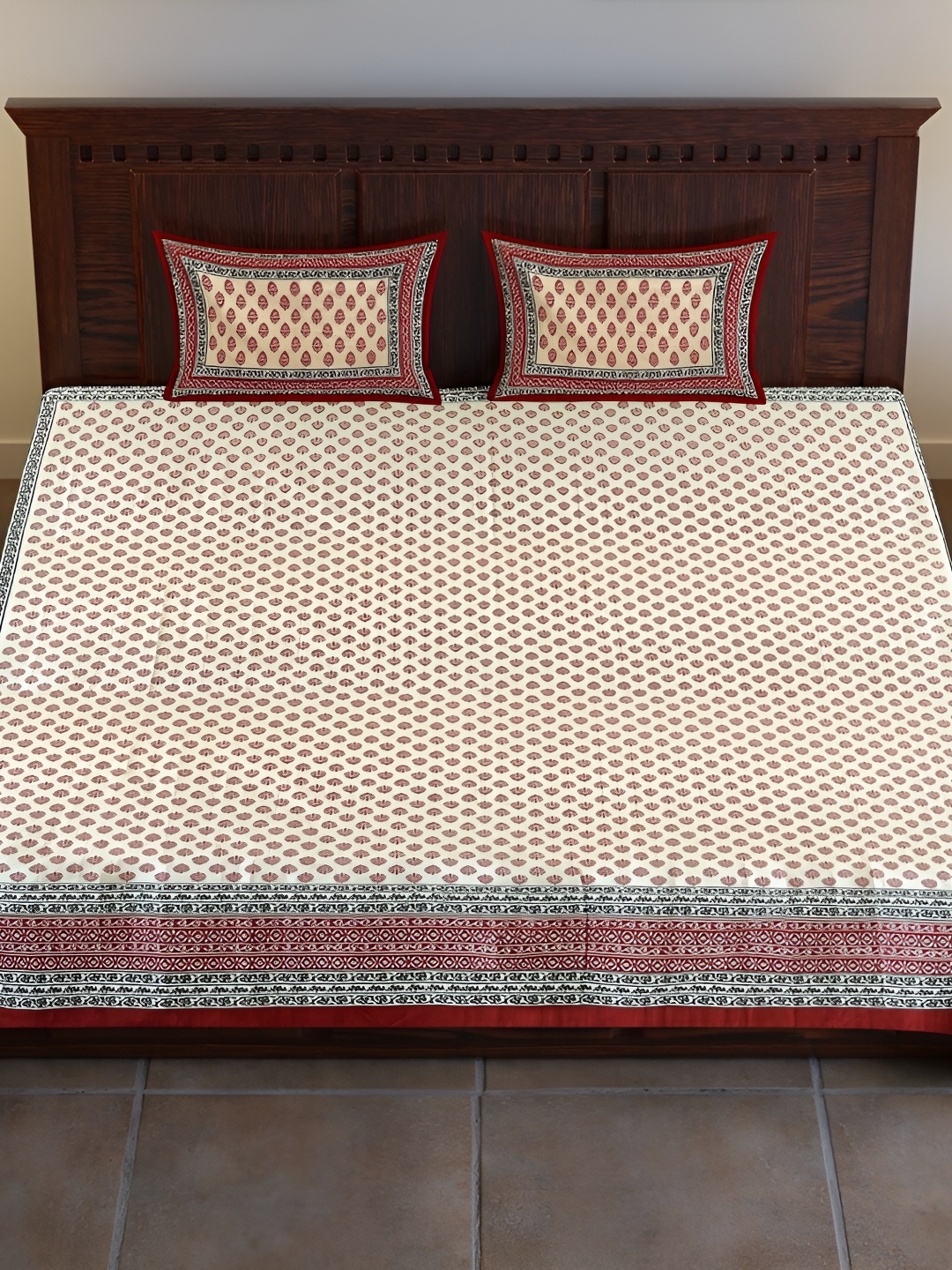 

PLAYFUL STITCHES Red & White Ethnic Motifs 180 TC King Bedsheet with 2 Pillow Covers