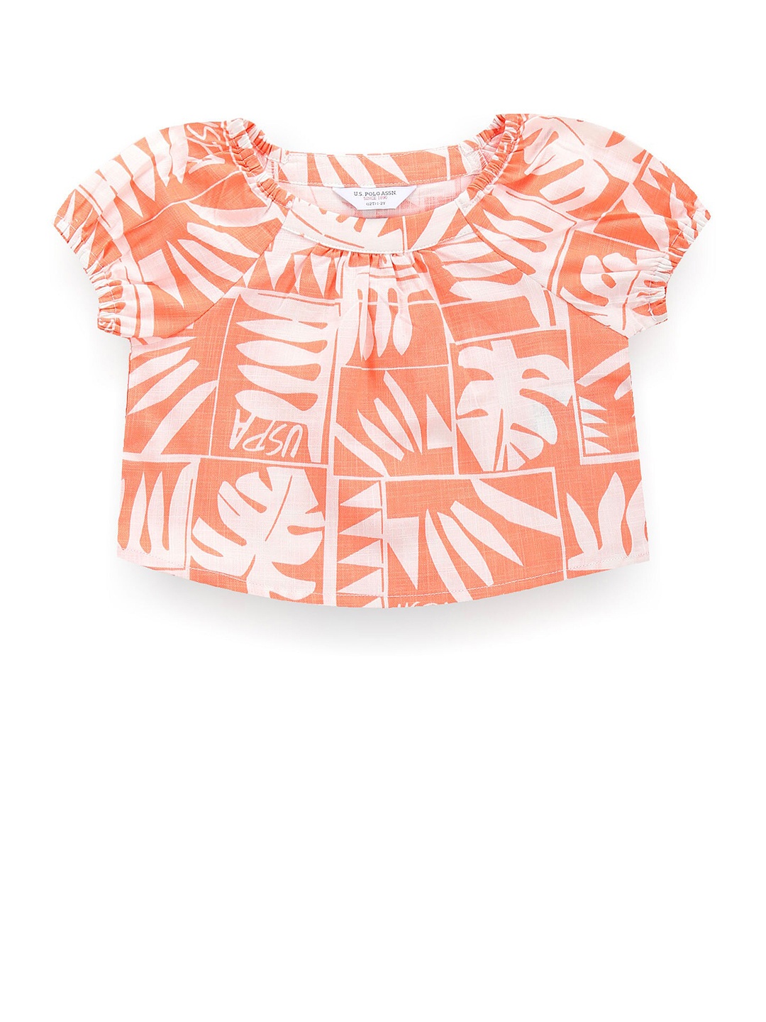 

U.S. Polo Assn. Kids Girls Round Neck Puff Sleeves Print Top, Orange