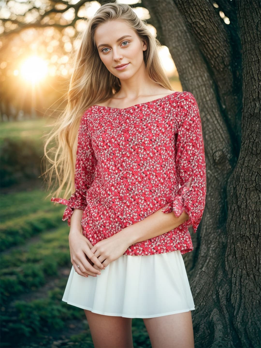 

RARE Red Boat Neck Floral Print Regular Top
