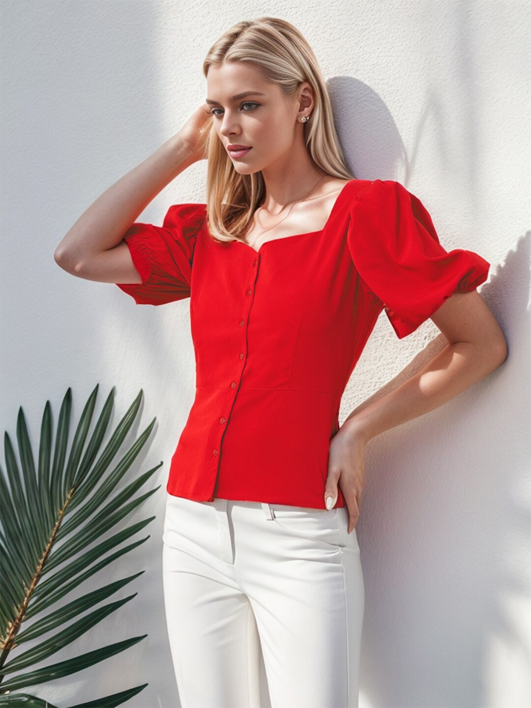 

RARE Red Square Neck Puff Sleeve Regular Top