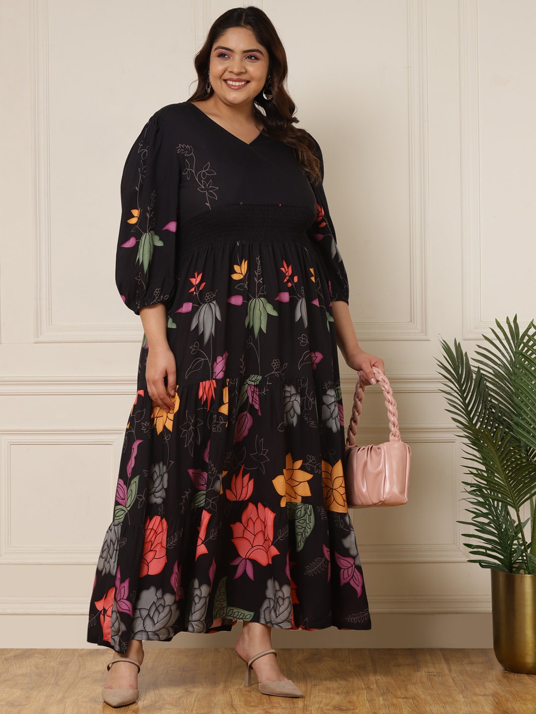 

DEEBACO V-Neck Floral Print Puff Sleeve Maxi Dress, Black