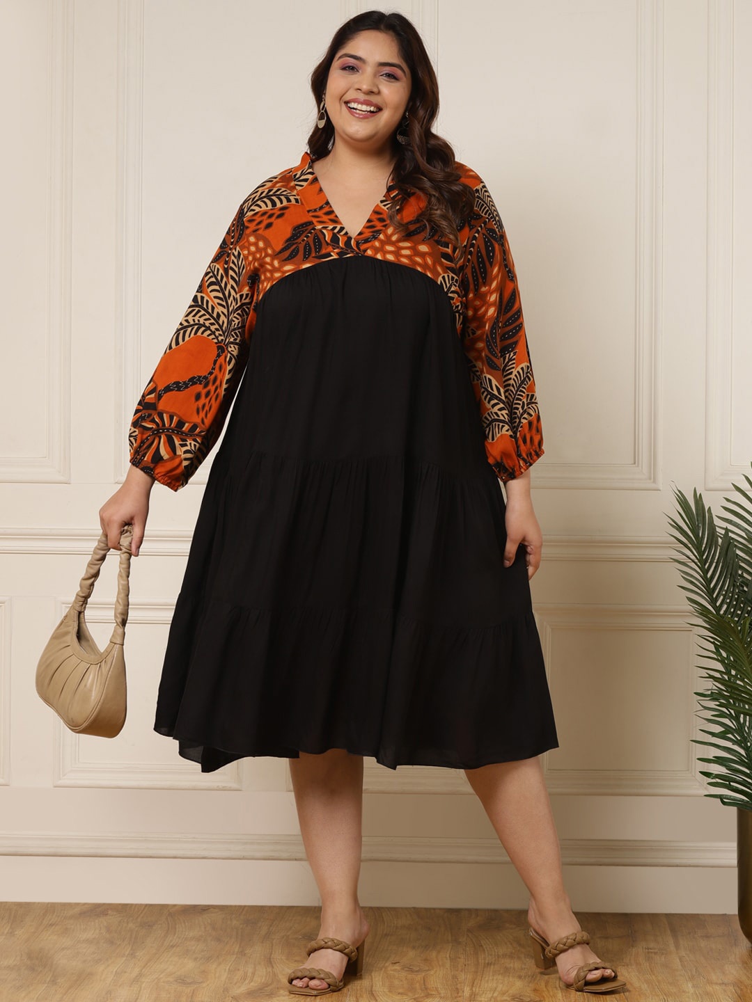 

DEEBACO Plus Size V-Neck Puff Sleeve A-Line Dress, Black