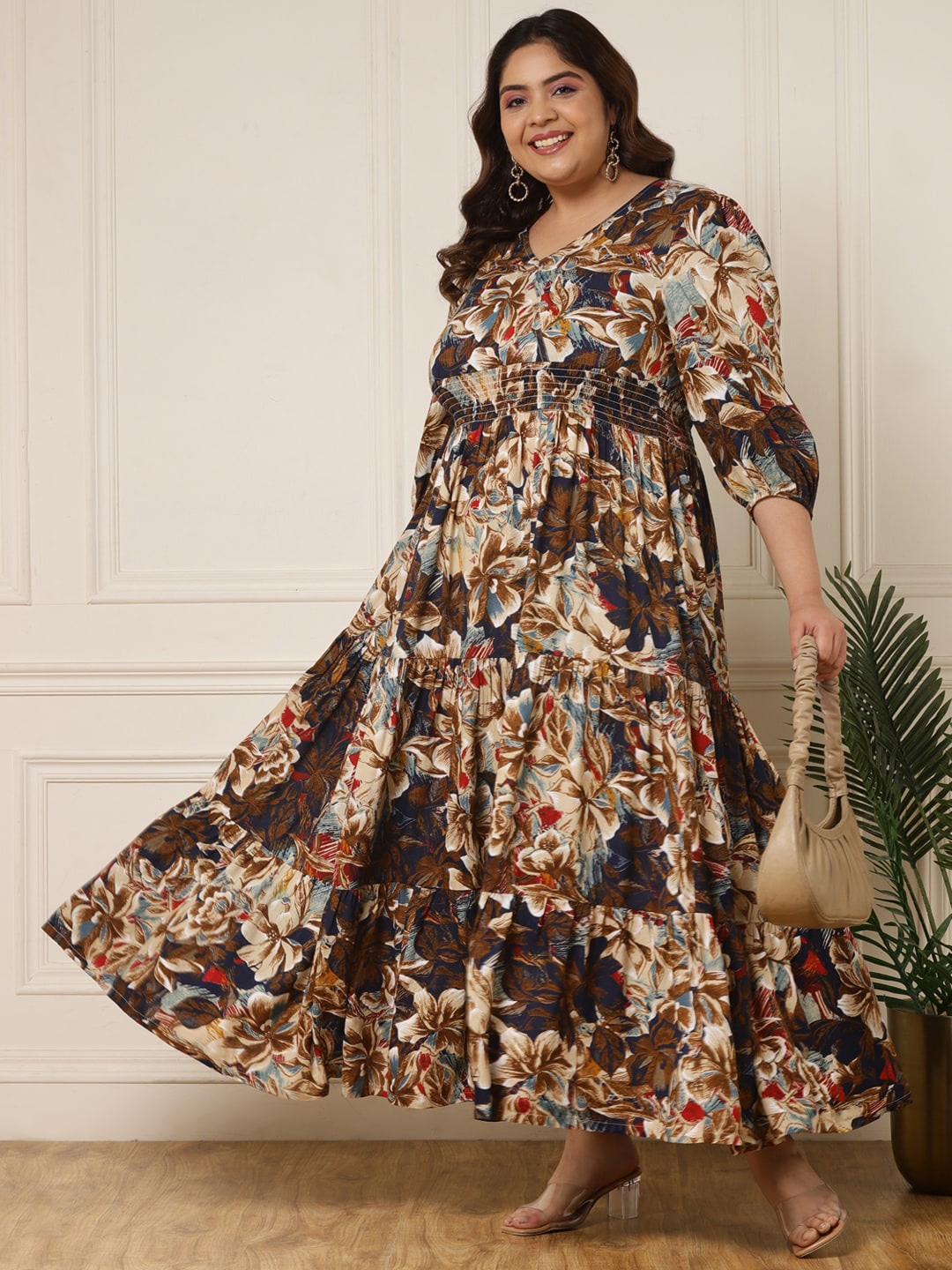 

DEEBACO Plus Size V Neck Floral Print Puff Sleeve Maxi Dress, Black