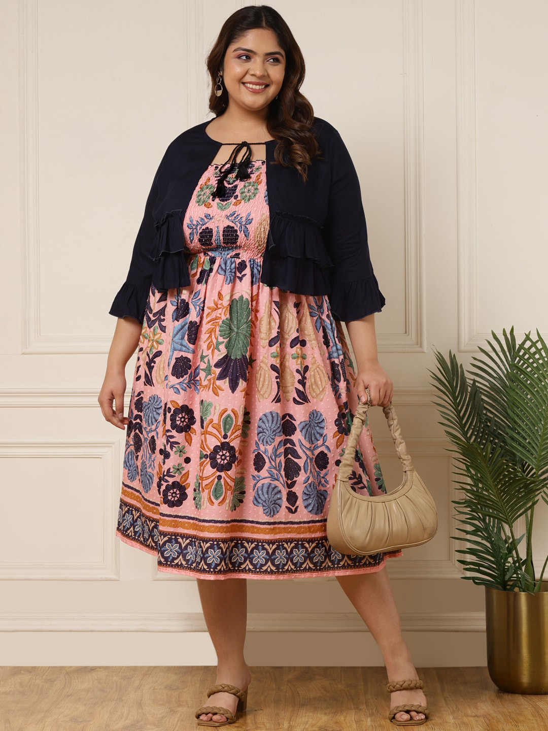 

DEEBACO Plus Size Ethnic Motifs Print Tie-Up Neck A-Line Midi Dress, Peach