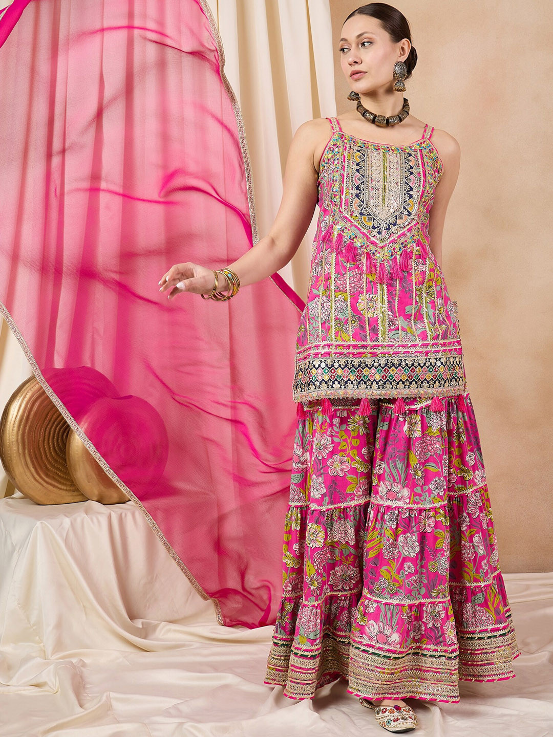 

RAJGRANTH Women Floral Printed Regular Kantha Work Pure Cotton Top with Sharara & With Dupatta, Pink