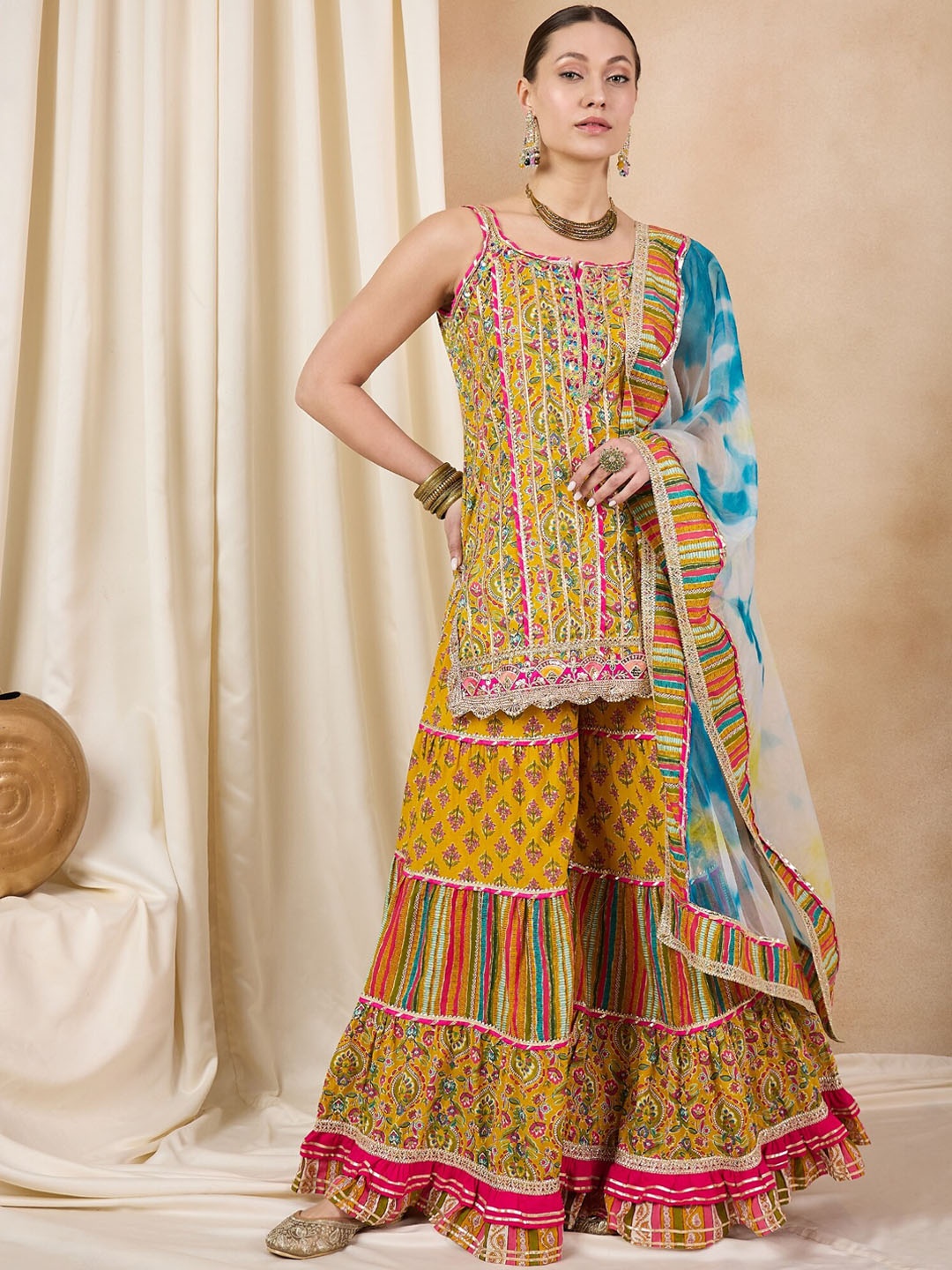 

RAJGRANTH Women Ethnic Motifs Printed Regular Kantha Work Pure Cotton Top with Sharara & With Dupatta, Mustard