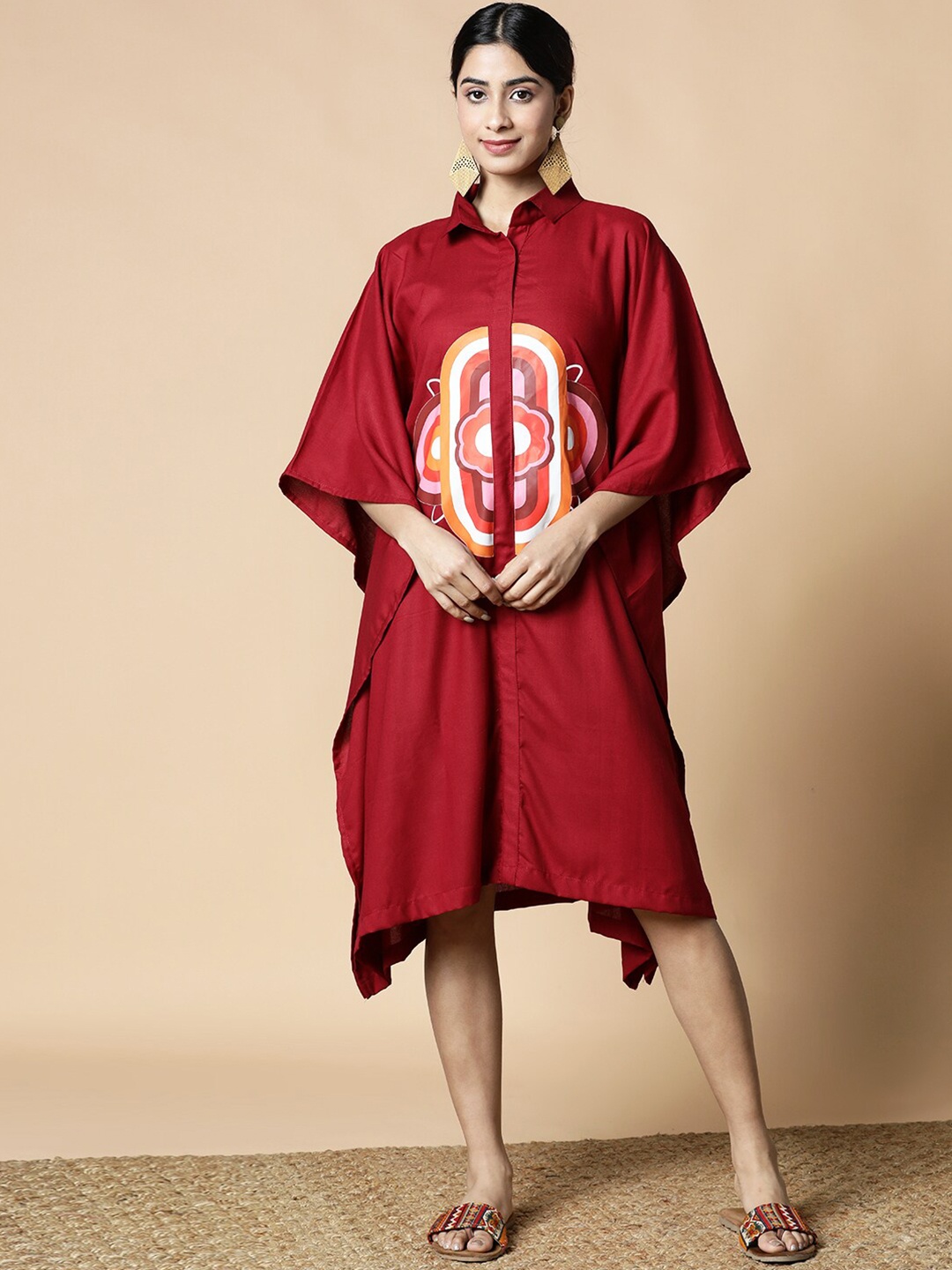 

LetsDressUp Mandarin Collar Kimono Sleeve Kaftan Dress, Maroon