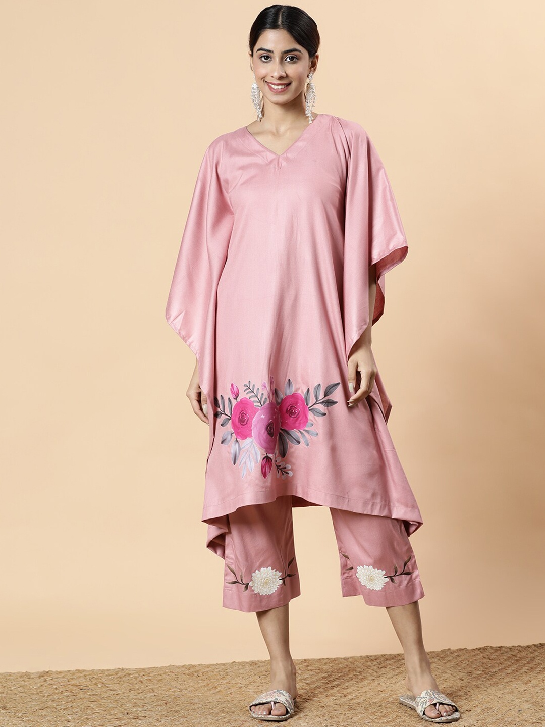 

LetsDressUp Floral Print Kimono Sleeve Kaftan Dress, Rose gold