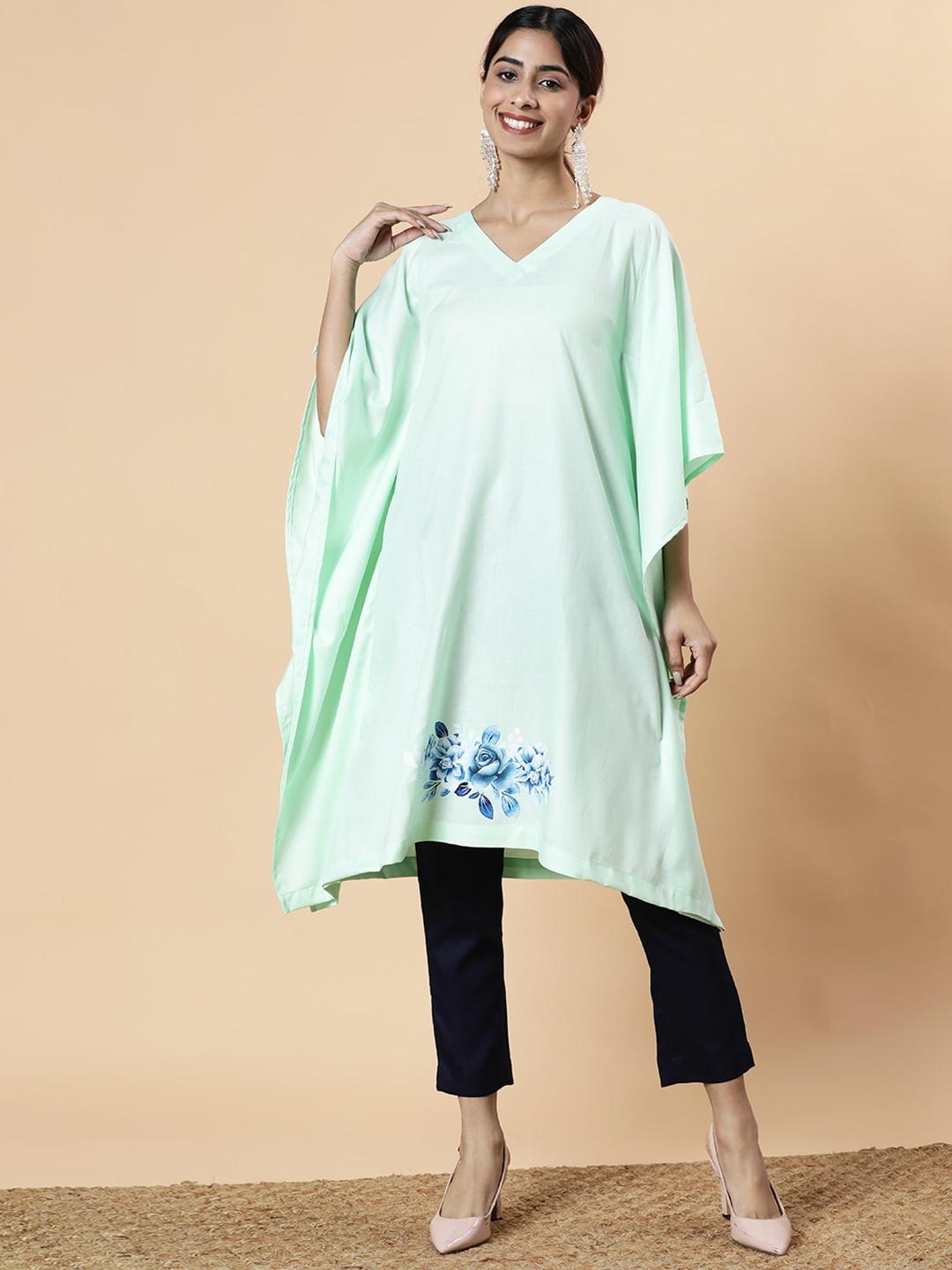 

LetsDressUp Floral Printed V-Neck Kimono Sleeve Kaftan Dress, Green