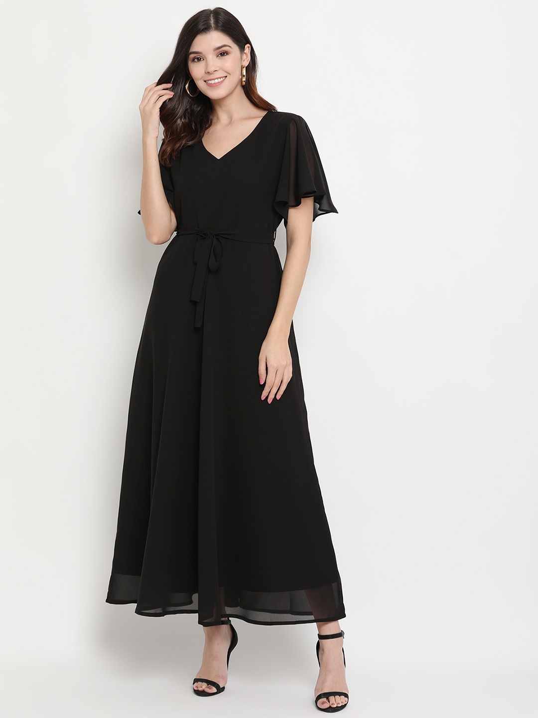 

THREAD MUSTER Flutter Sleeve V-Neck Georgette Maxi Dress, Black