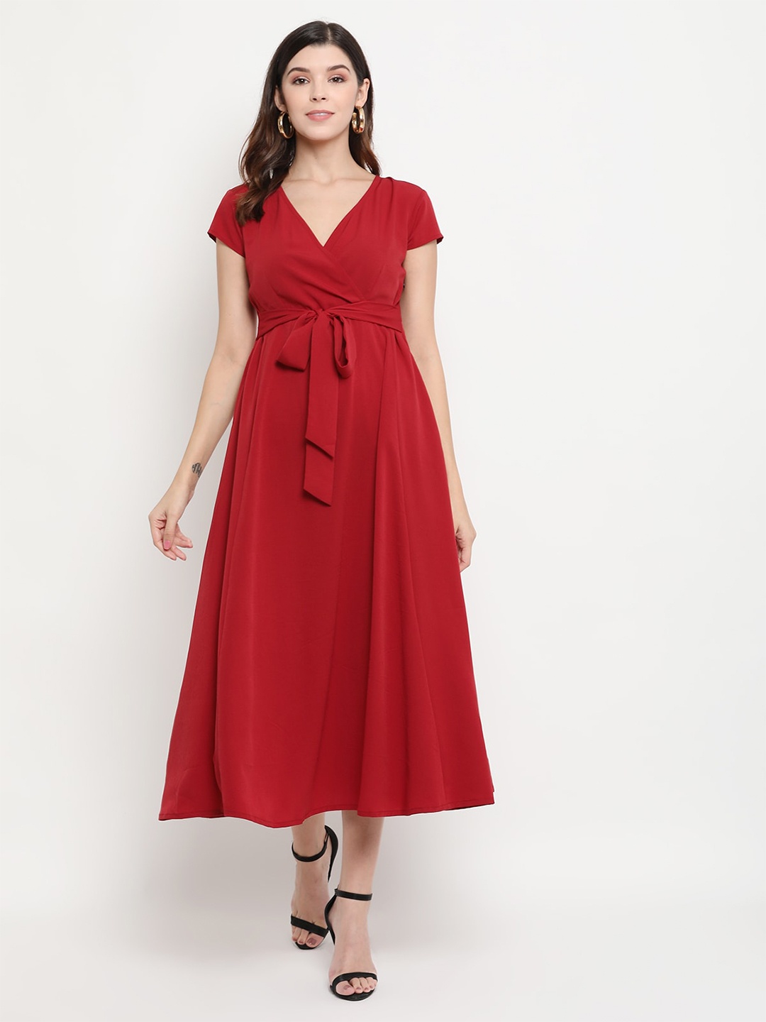 

THREAD MUSTER Maroon V-Neck Tie-Up Detailed A-Line Midi Dress