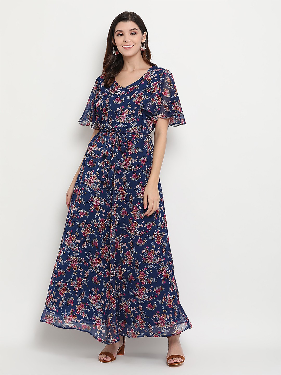 

THREAD MUSTER Floral Printed V-Neck Flared Sleeve Georgette Maxi Dress, Blue