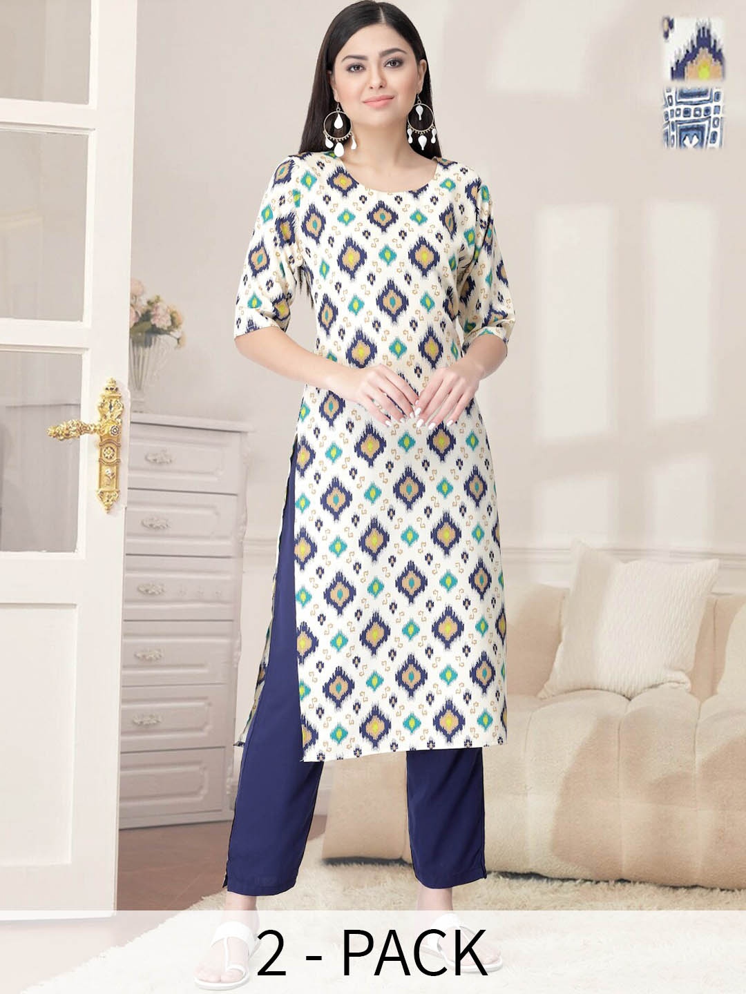 

7Threads Women Ethnic Motifs Printed Regular Kurta with Palazzos, Navy blue