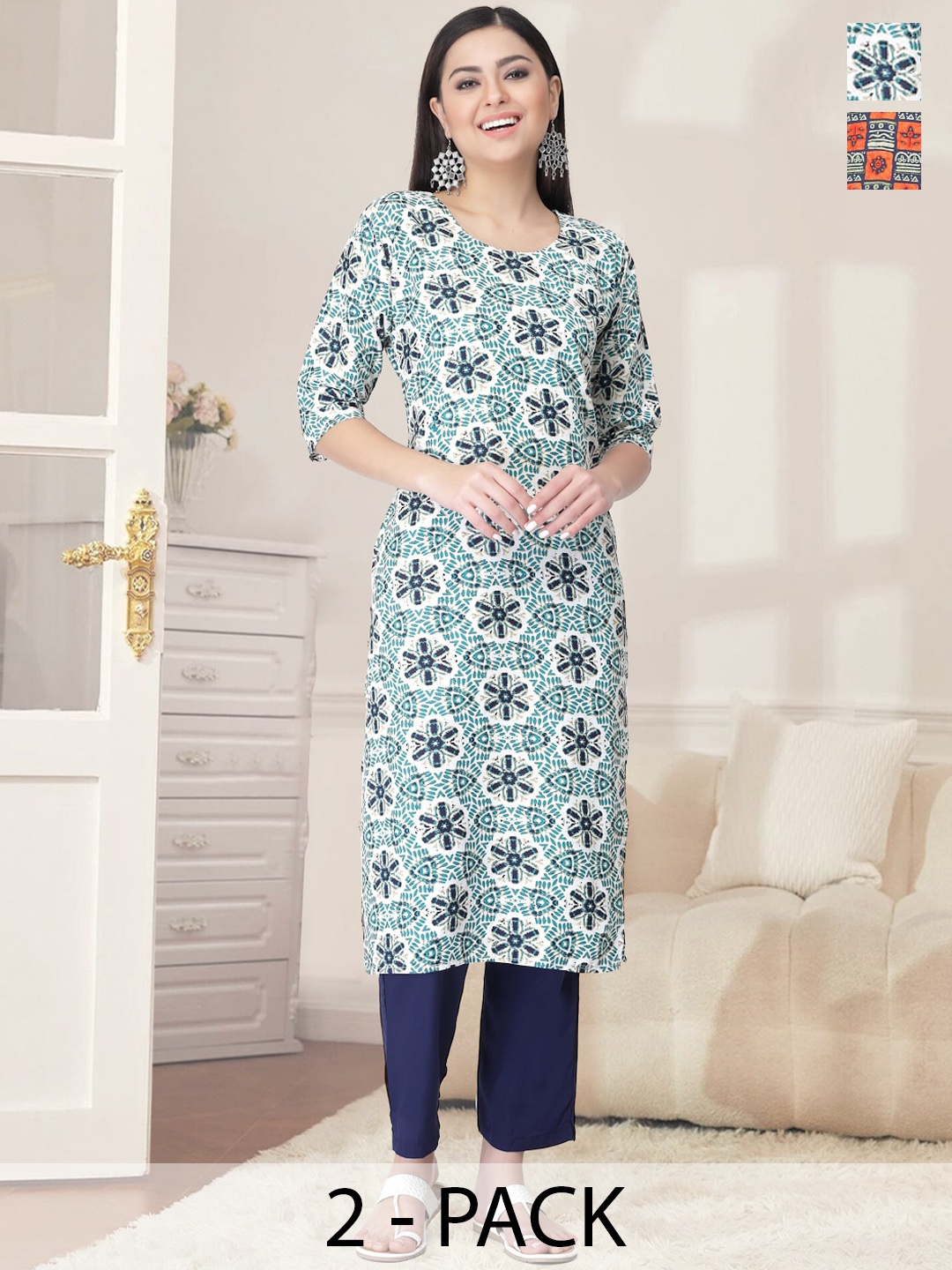 

7Threads Women Ethnic Motifs Printed Regular Kurta with Trousers, Orange