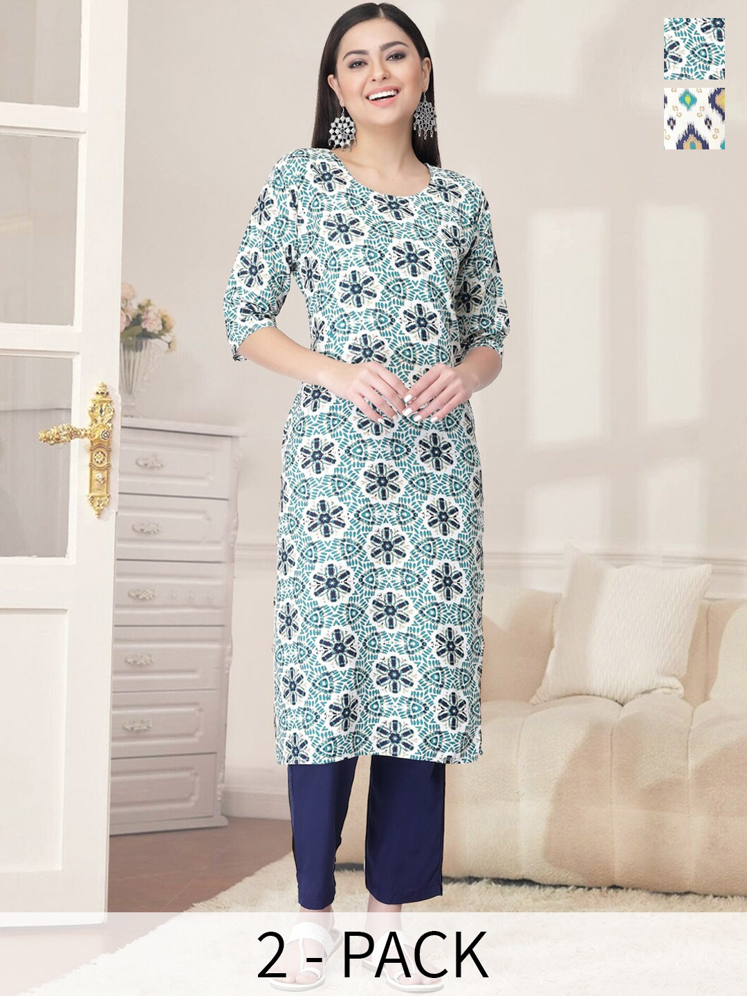 

7Threads Women Ethnic Motifs Printed Regular Kurta with Trousers, Blue