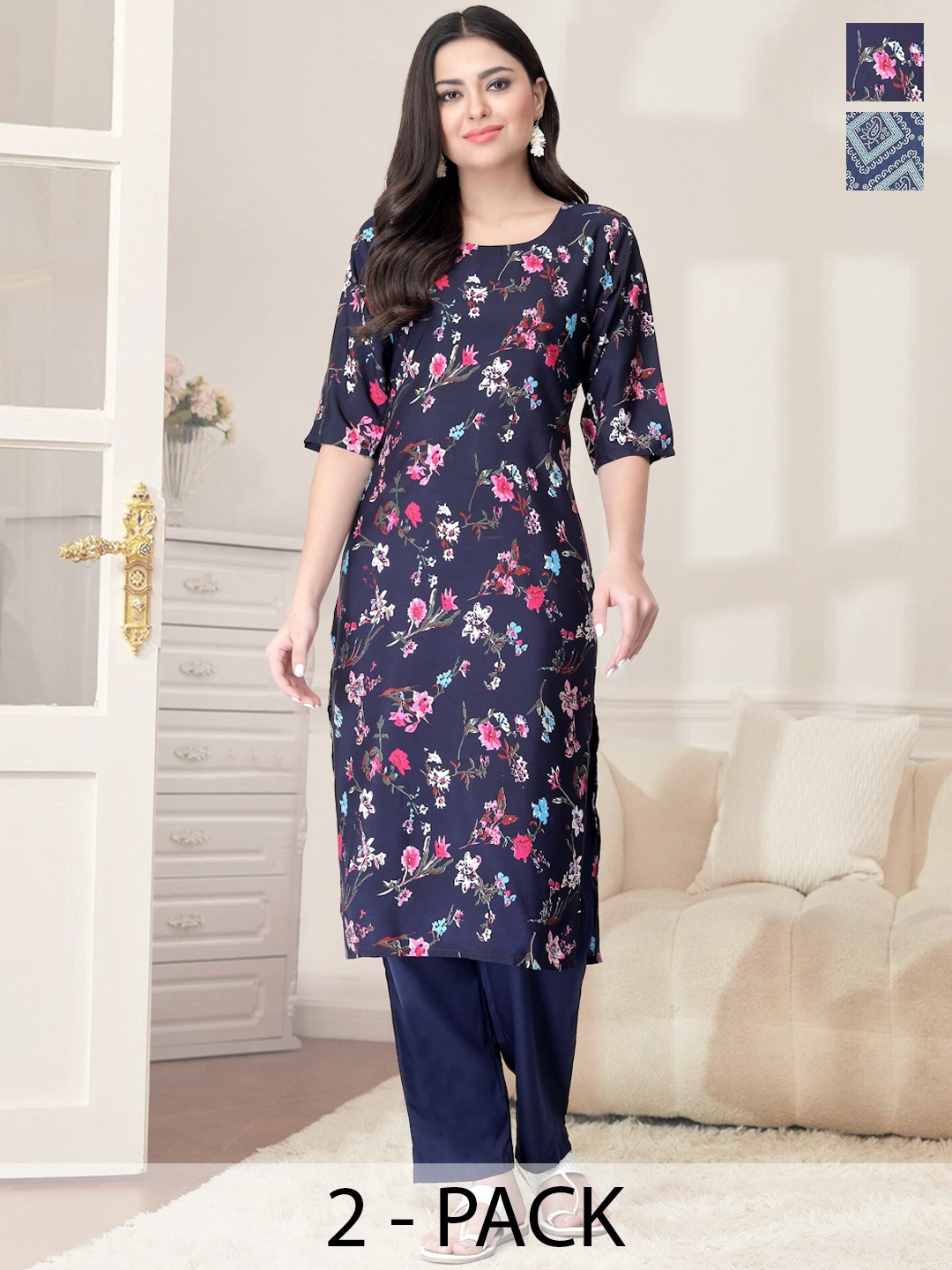 

7Threads Women Floral Printed Regular Kurta with Trousers, Navy blue