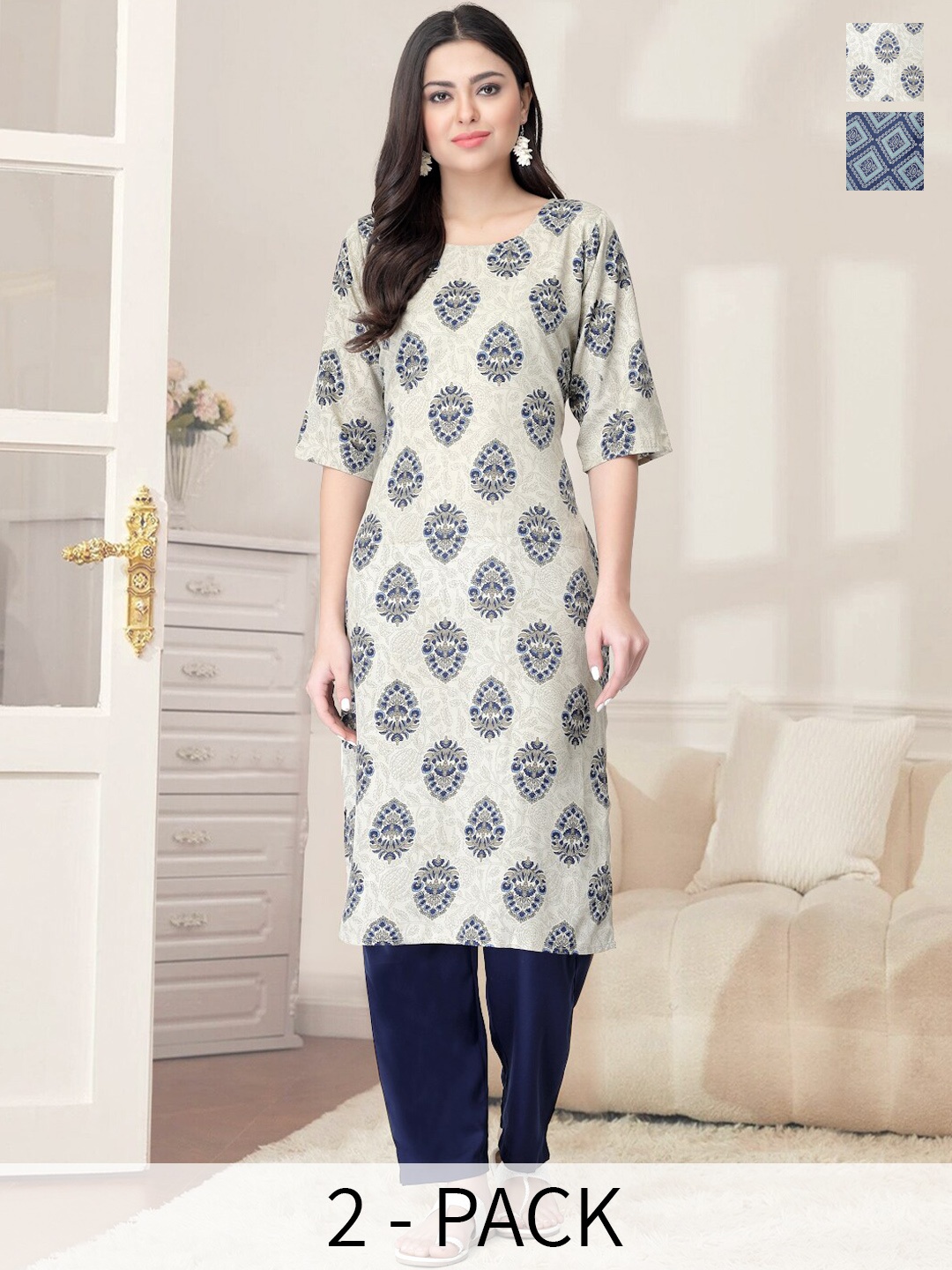 

7Threads Women Ethnic Motifs Printed Regular Kurta with Trousers, Navy blue