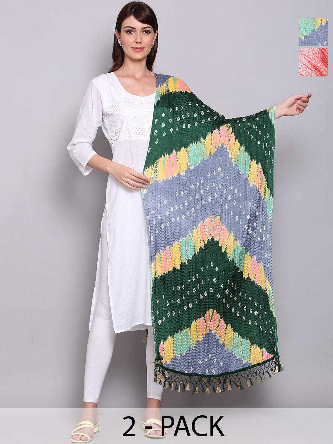 

Miaz Lifestyle Printed Bandhani Dupatta with Phulkari, Green