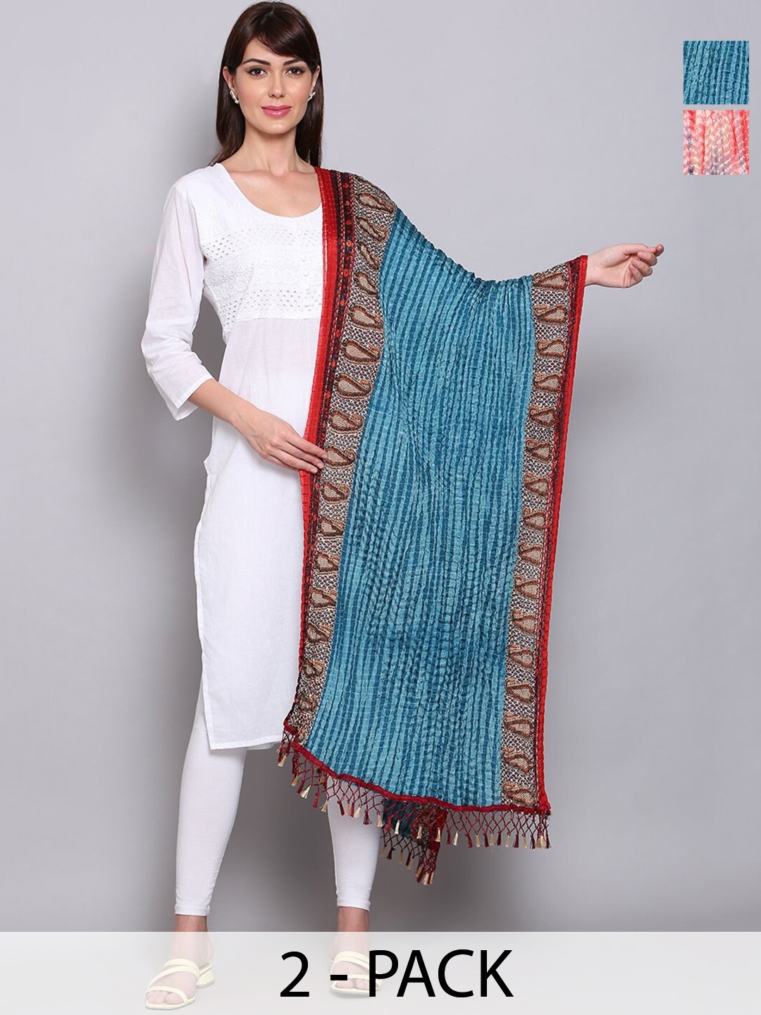 

Miaz Lifestyle Printed Tie and Dye Dupatta with Phulkari, Teal