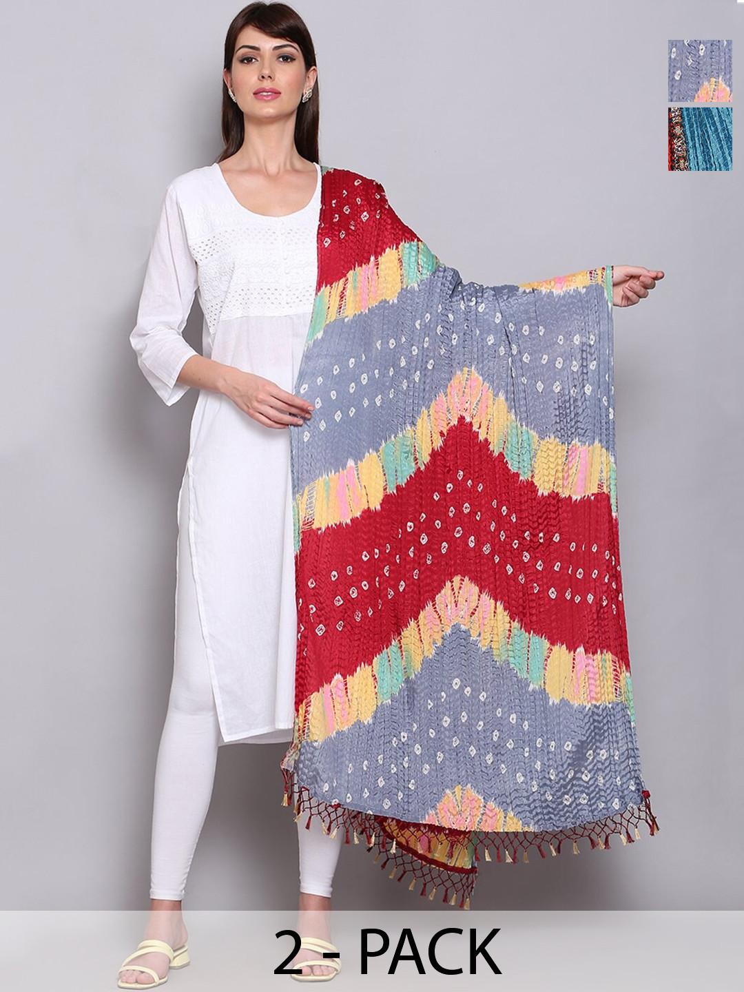 

Miaz Lifestyle Printed Bandhani Dupatta with Phulkari, Red