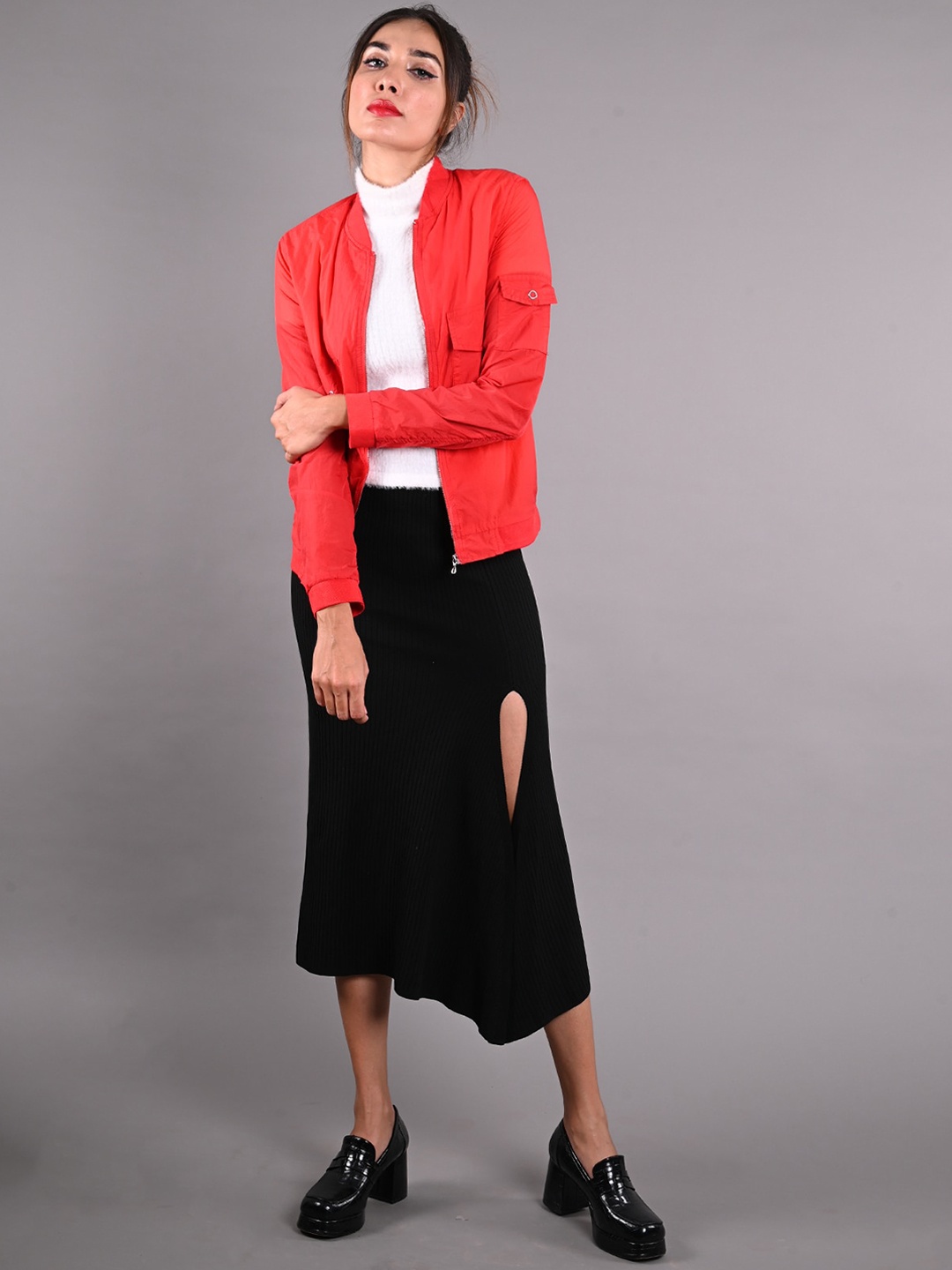 

ODETTE Stand Collar Long Sleeves Tailored Jacket, Red