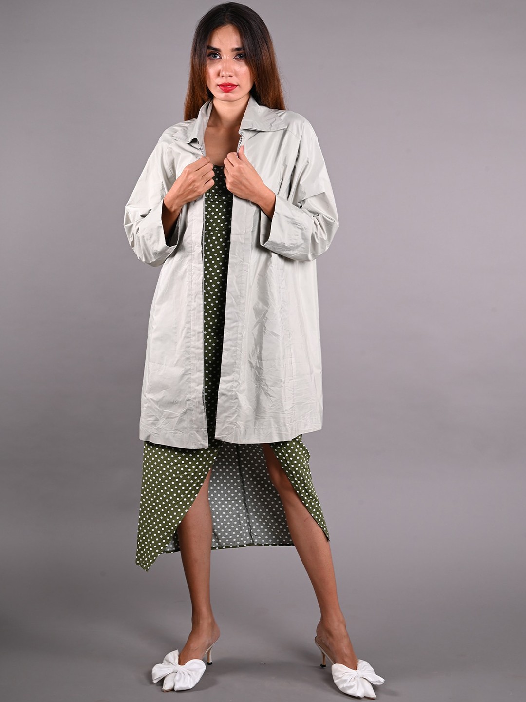 

ODETTE Longline Taffeta Open Front Jacket, Grey