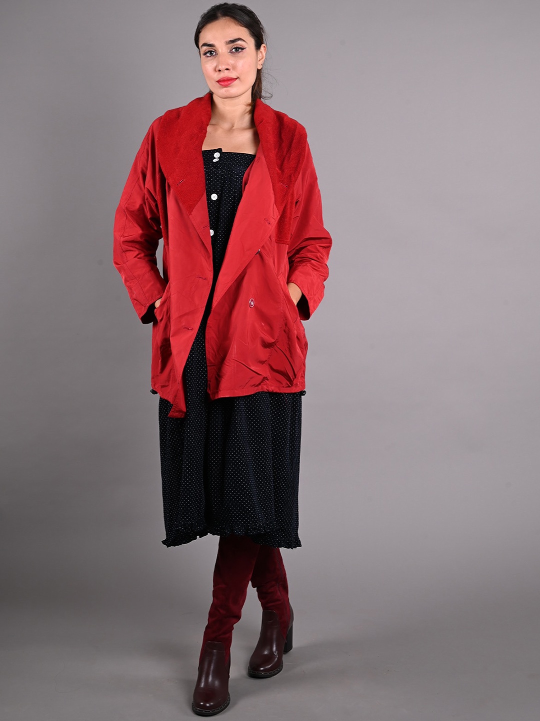 

ODETTE Faux Fur Trim Detailed Longline Tailored Jacket, Maroon