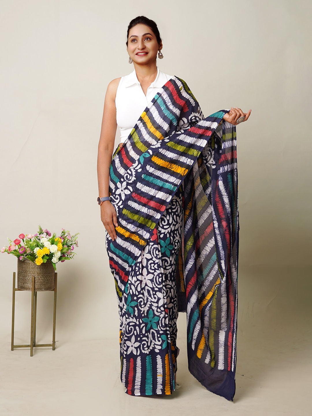 

Unnati Silks Floral Pure Cotton Chanderi Saree, Navy blue