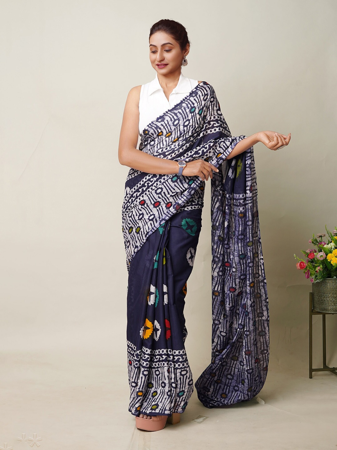 

Unnati Silks Ethnic Motifs Pure Cotton Chanderi Saree, Navy blue