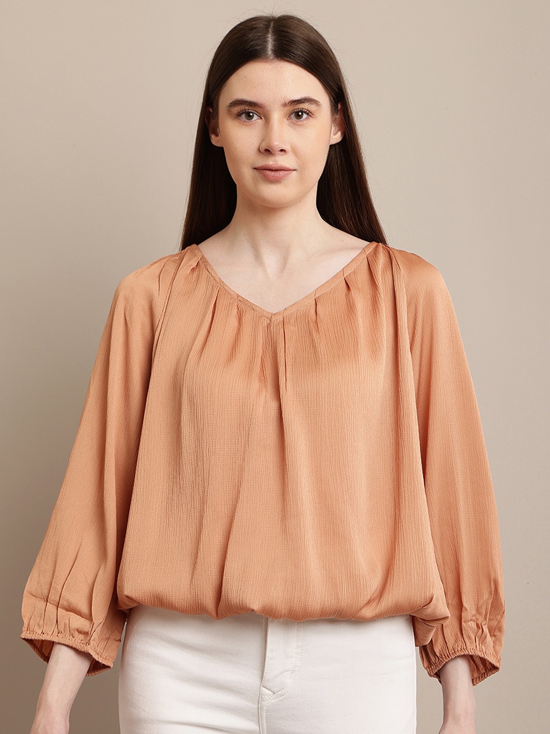 

NoBarr V Neck Long Puff Sleeve Blouson Top, Orange