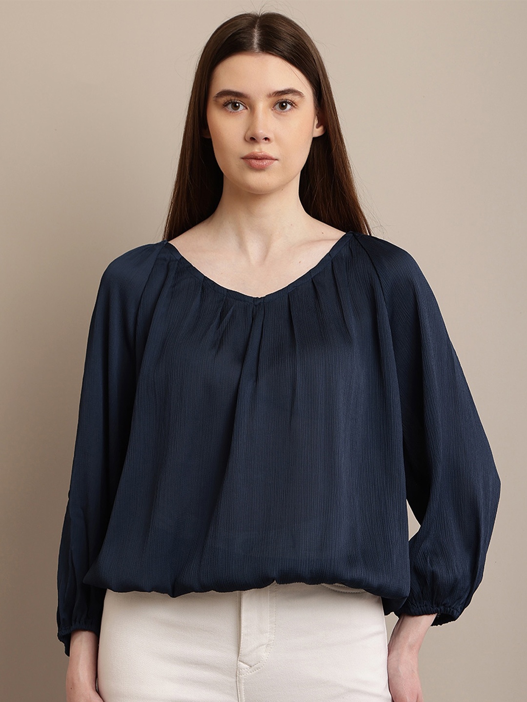 

NoBarr V-Neck Long Puff Sleeves Blouson Top, Blue