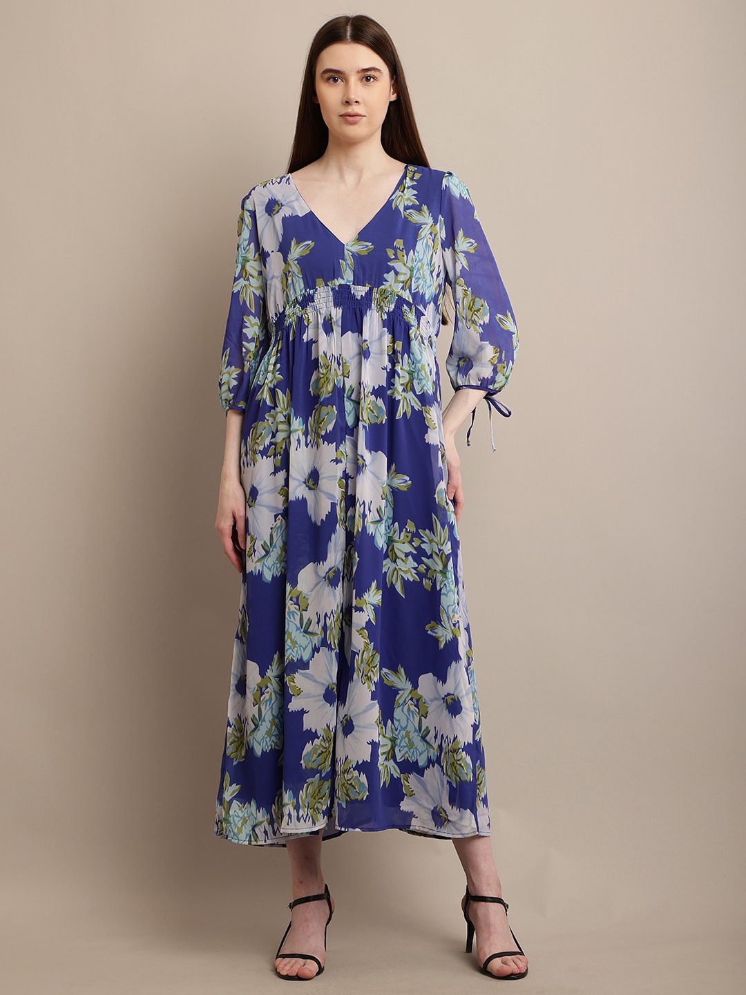 

NoBarr Floral Printed Puff Sleeves Empire Midi Dress, Blue