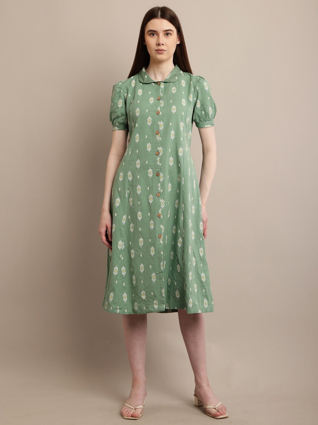 

NoBarr Ethnic Motifs Printed Peter Pan Collar Cotton A-Line Dress, Green
