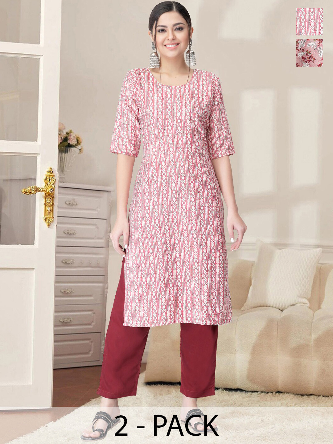 

7Threads Women Ethnic Motifs Printed Regular Kurta with Trousers, Pink