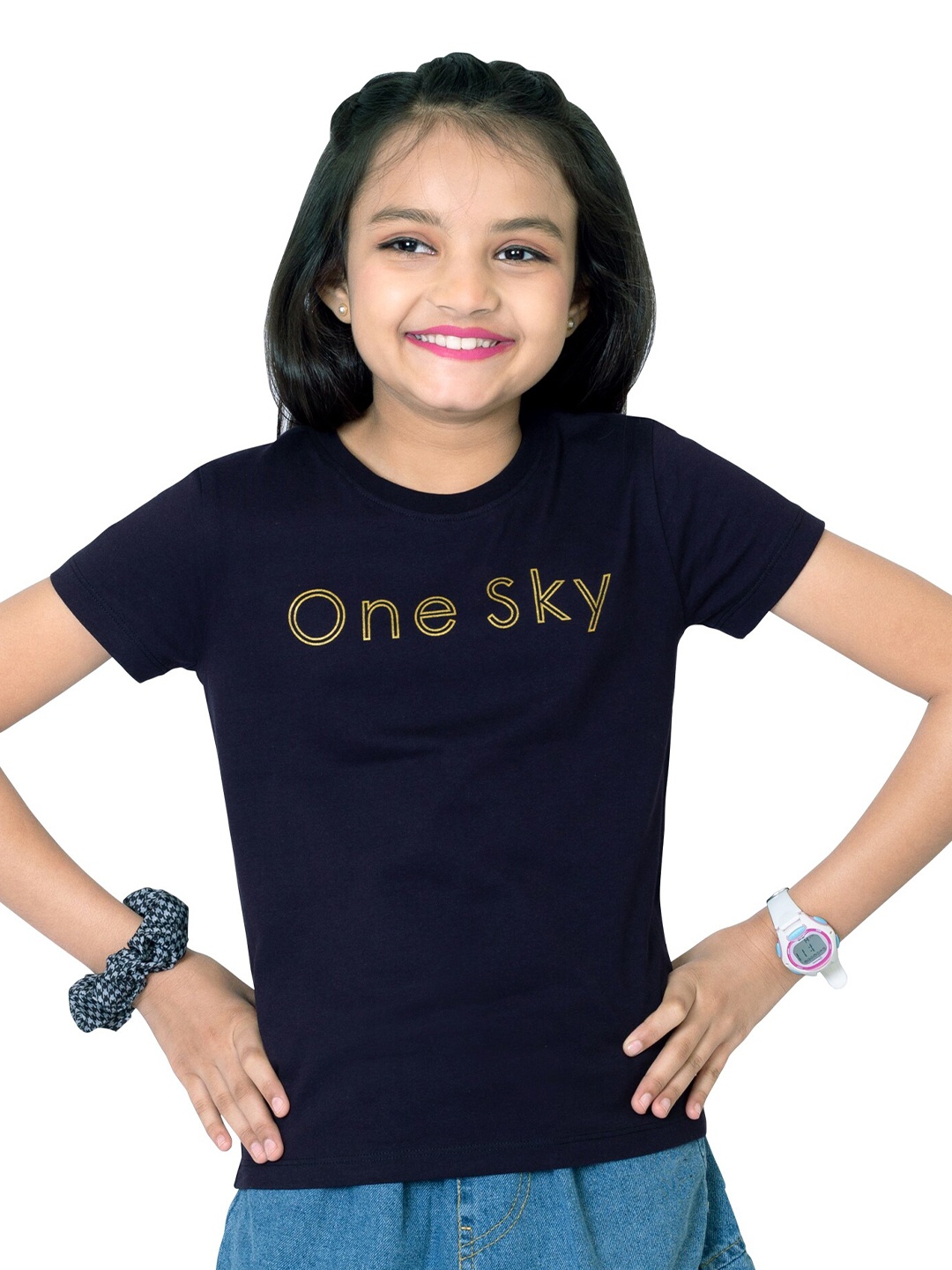 

ONE SKY Girls Typography Printed Cotton T-shirt, Black