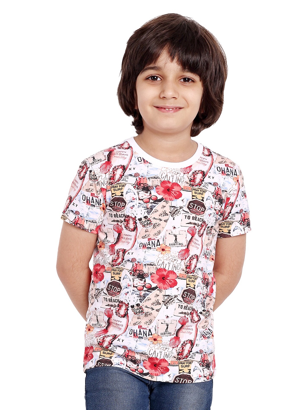 

ONE SKY Boys Round Neck Floral Printed Regular Fit T-shirt, White