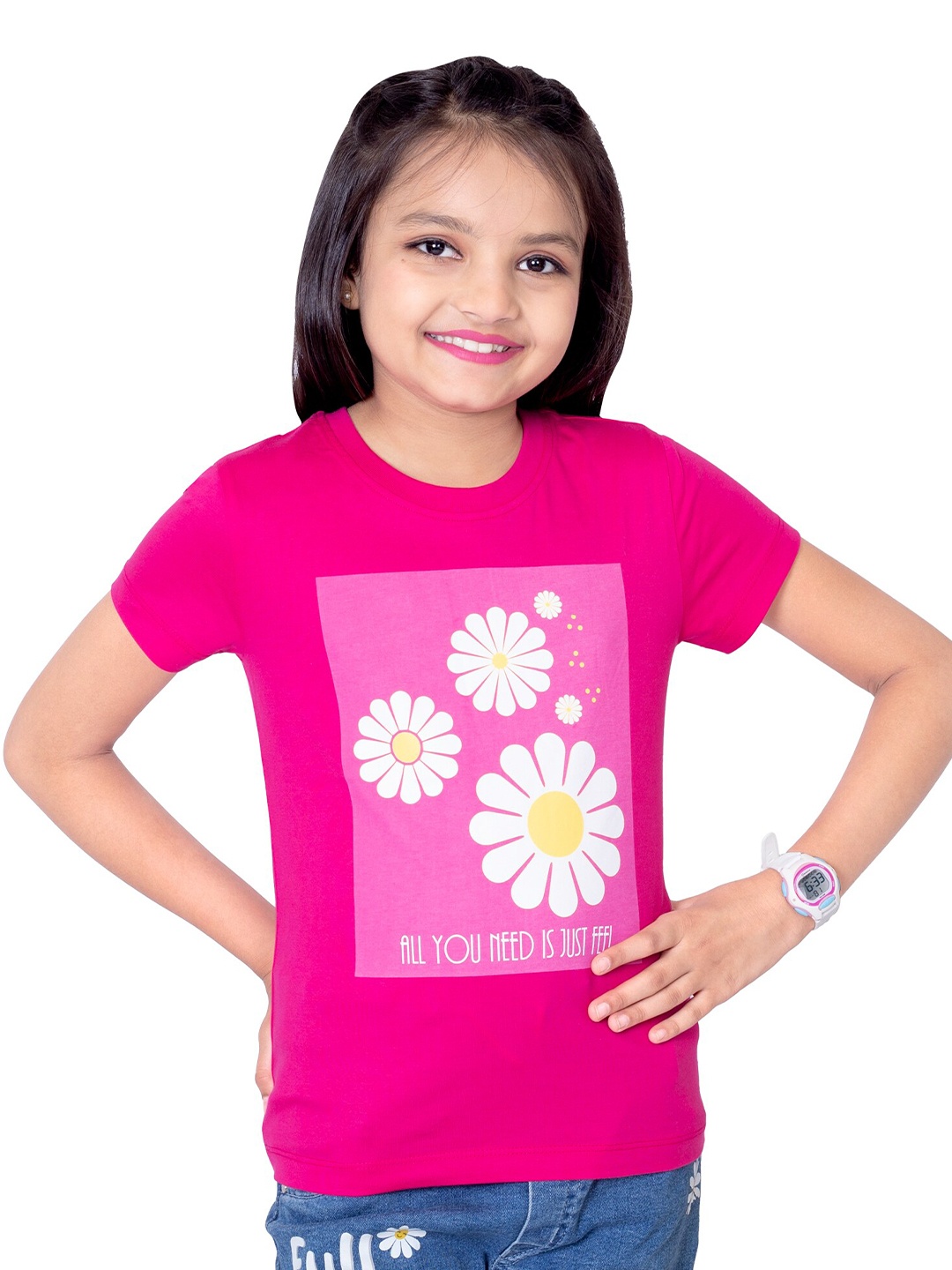 

ONE SKY Girls Floral Printed Pure Cotton T-shirt, Fuchsia