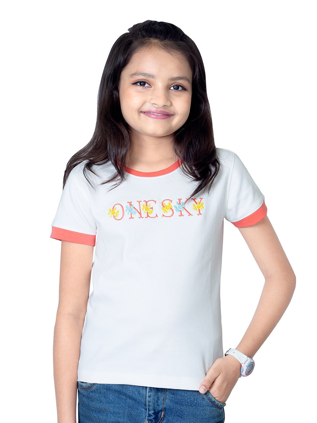 

ONE SKY Girls Typography Printed Round Neck Cotton T-shirt, White