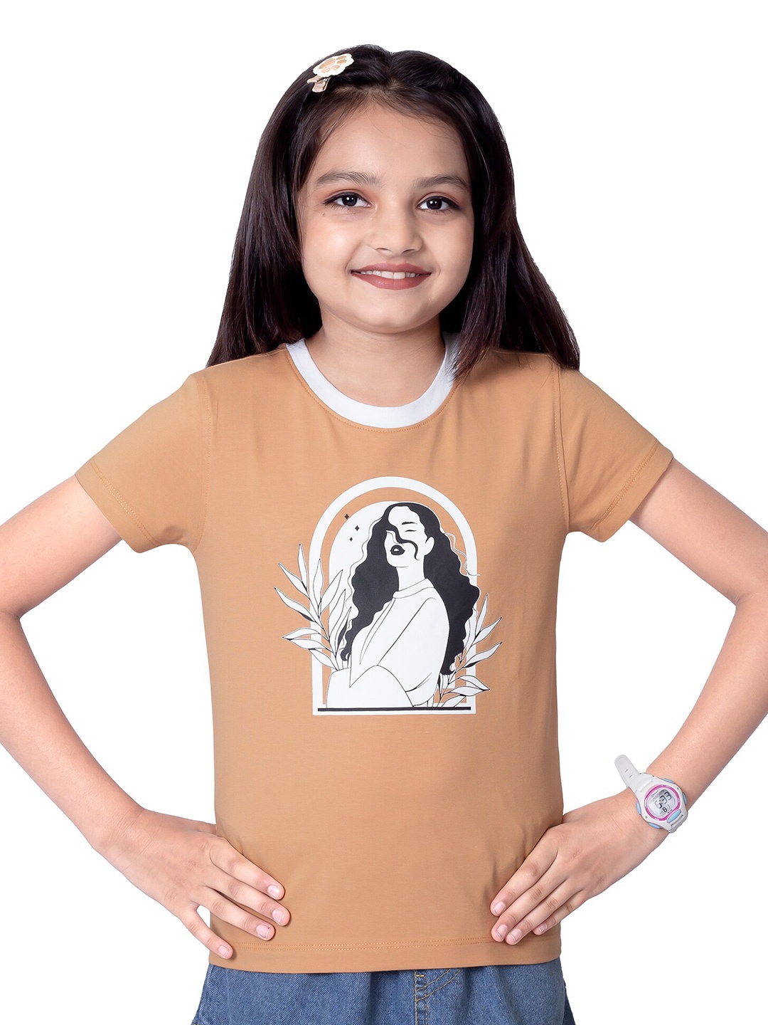 

ONE SKY Girls Round Neck short Sleeves Printed Regular Fit T-shirt, Beige