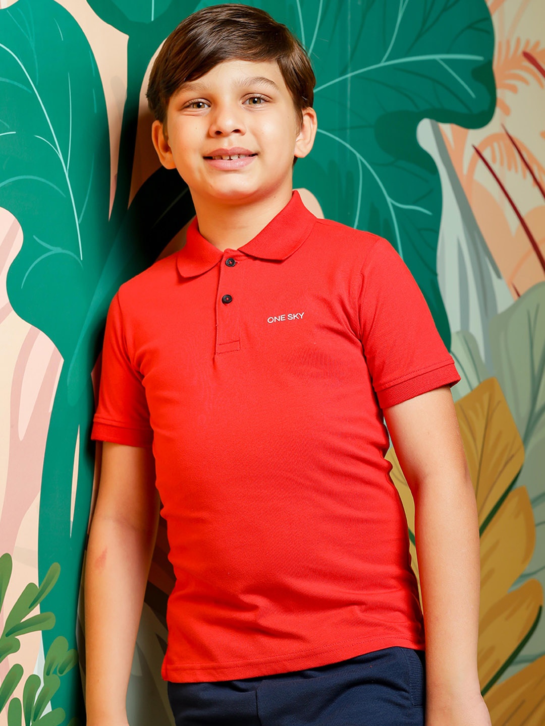

ONE SKY Boys Polo Collar Pure Cotton T-shirt, Red