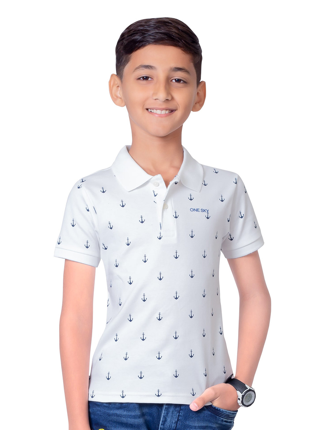

ONE SKY Boys Abstract Printed Polo Collar T-shirt, White