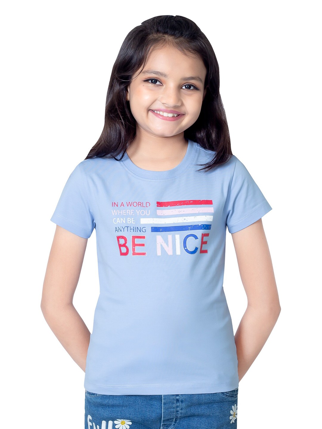 

ONE SKY Girls Typography Printed Round Neck Cotton Casual T-shirt, Blue